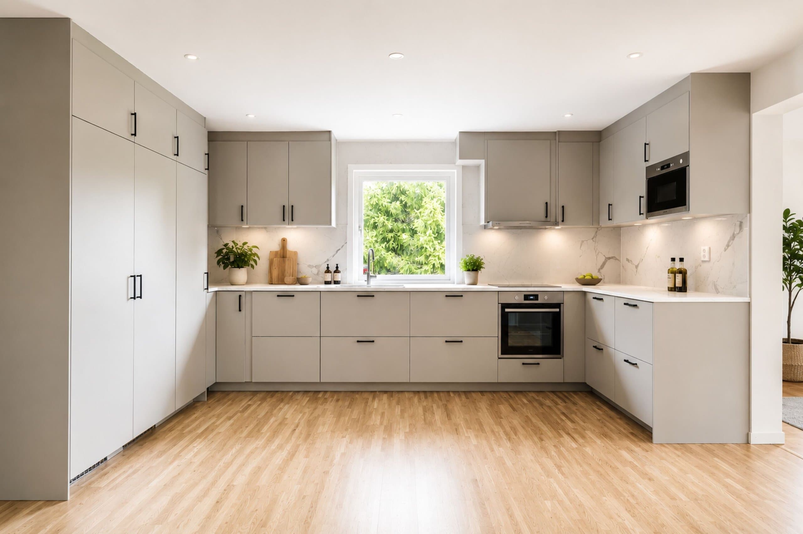 Modernt designat kök med beige skåp, marmorbänkskiva och rostfritt stål-apparater. Stort fönster över diskbänken med utsikt till grönskande trädgård. Perfekt för matlagning och familjemöten.