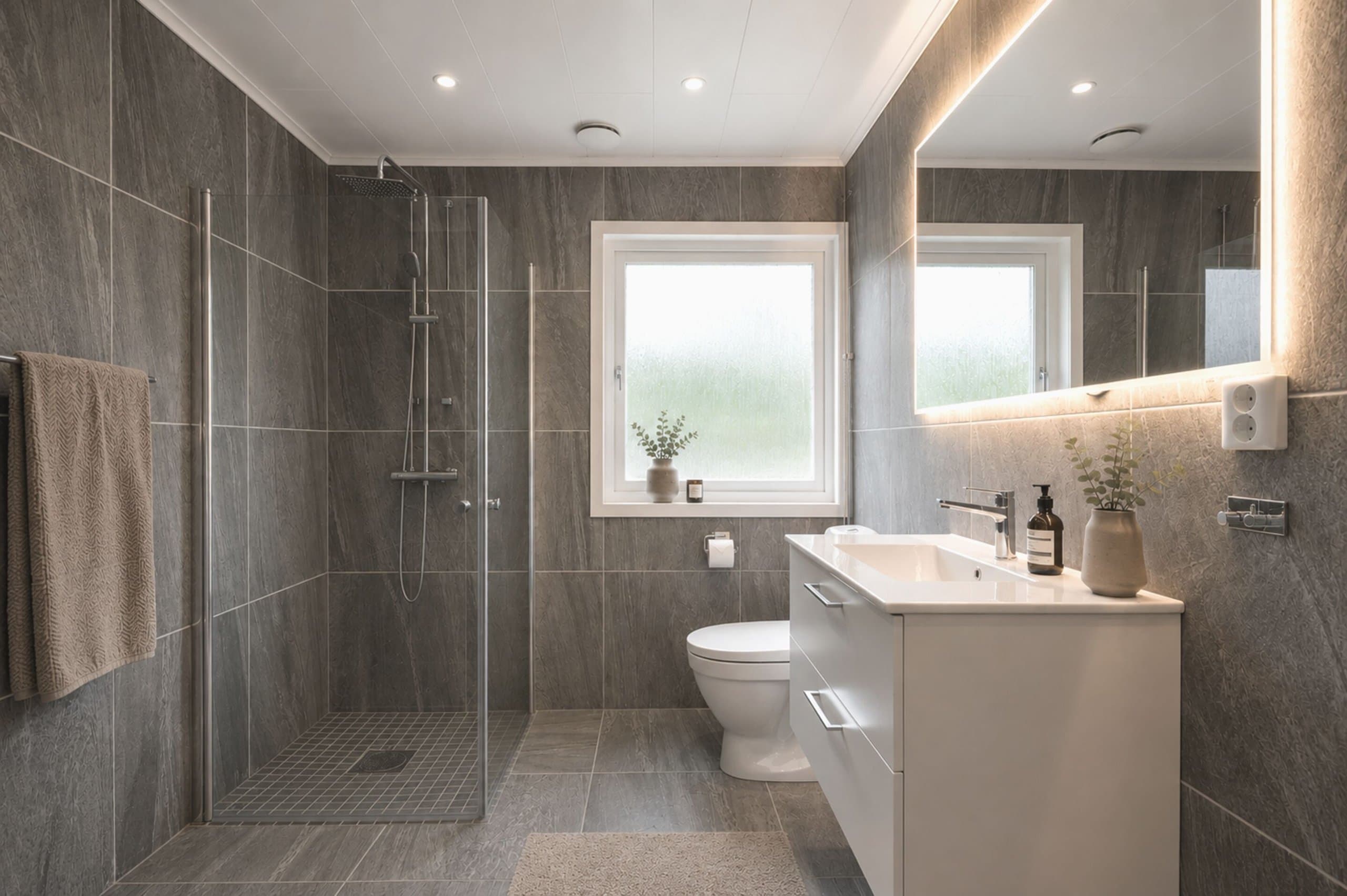 Modernt badrum med grå marmorkakel, dusch med glasvägg, vit tvättställ med förvaring och varmvattenberedare. Stora fönster ger naturligt ljus och harmonisk design.